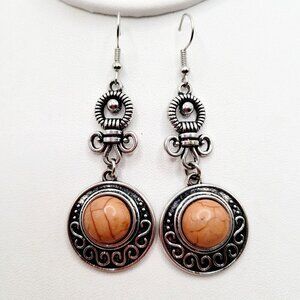 Neutral Faux Stone Drop Dangle Earrings 2 3/4" Southwestern Antiqued Silver Tone